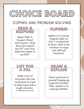 Preview of Choice Board Coping and Problem Solving: Social and Emotional | SEL activity