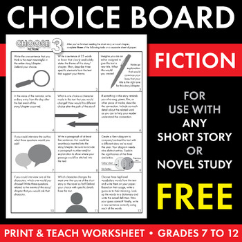 Preview of Choice Board FREE Worksheet, 12 Activities for ANY Short Story & Novel Unit CCSS