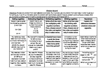 Preview of Choice Board- Integers