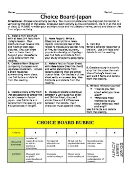 Preview of Choice Board-Japan Unit