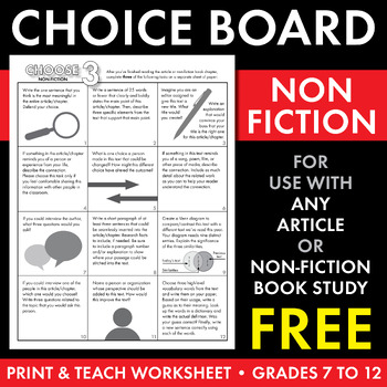 Preview of Choice Board, Non-Fiction & Informational Text Activities, FREE Worksheet CCSS