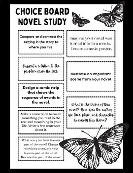 Preview of Choice Board Novel Study-Activities-Menu-Book Project