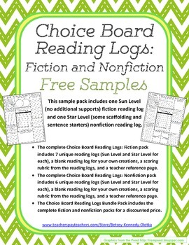 Preview of Choice Board Reading Logs: Fiction and Nonfiction FREE Samples