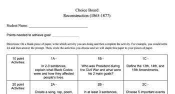Preview of Choice Board - Reconstruction Era