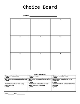 Preview of Choice Board Template with Rubric