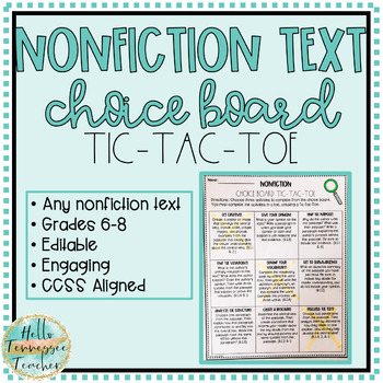 Preview of Choice Board Tic-Tac-Toe for ANY Nonfiction Text Grades 6-8, EDITABLE