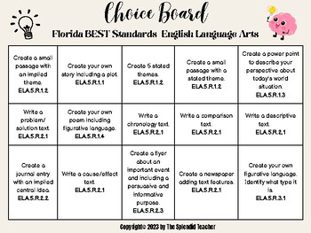 Preview of Choice Board for the Gifted (ELA Florida BEST Standards)