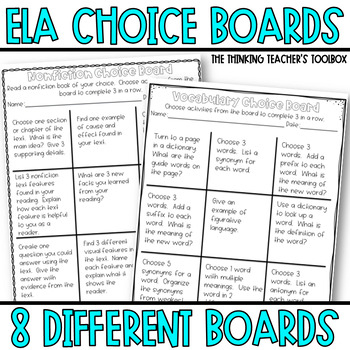 Preview of Choice Boards for Reading