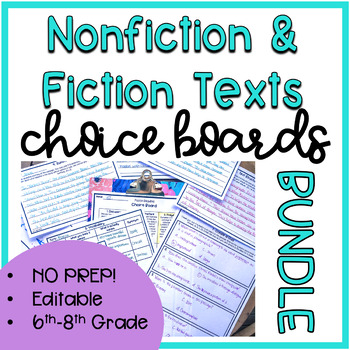 Preview of Choice Boards for Fiction & Nonfiction Texts, 6th-8th Grade, CCSS Aligned