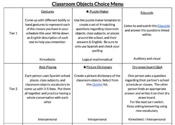 Preview of Choice Menu / Choice Board: Los objetos de la clase (Classroom Objects)