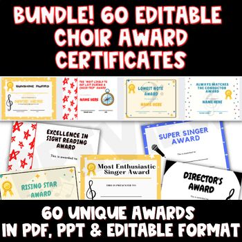 Preview of Choir Awards BUNDLE - 60 Fun Editable Award Certificates for Chorus