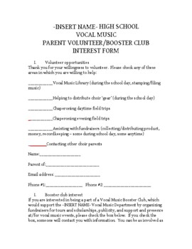 Preview of Choir/Band Parent Volunteer/Booster Interest Form