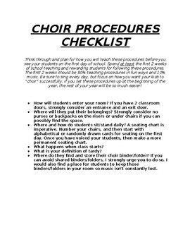 Preview of Choir Beginning of Year Procedures Checklist for MS/JH