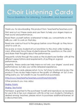 Preview of Choir Listening Cards: Focus Questions for Evaluation and Assessment (Editable)