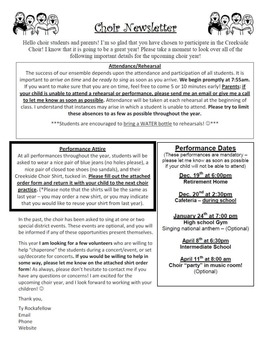 Preview of Choir Newsletter, Permission Slip, Choir Shirt Order Form