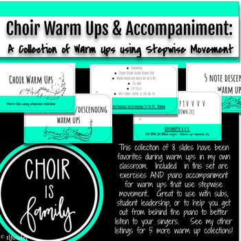 Preview of Choir Warm Ups using Steps!  Accompaniment and Slides included.