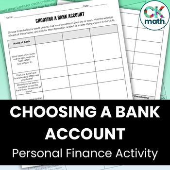 Preview of Choosing a Bank Account Personal Finance Activity- Checking, Saving, Fees & More