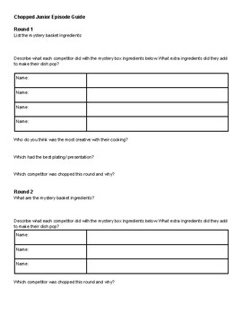 Preview of Chopped Junior Episode Worksheet | Cooking | Family consumer Science