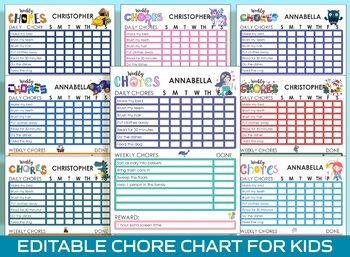 Preview of Chore Champions: 8 Fun and Editable Chore Charts for 7 Year Old