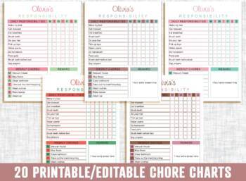 Preview of Chore Chart Printable, 20 Responsibility Chore Chart for Kids, Fully Editable