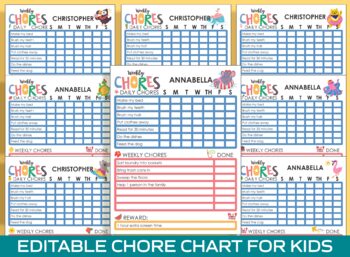 Preview of Chore Chart for Kids, Animal Summer Vacation, Printable/Editable Chore Charts