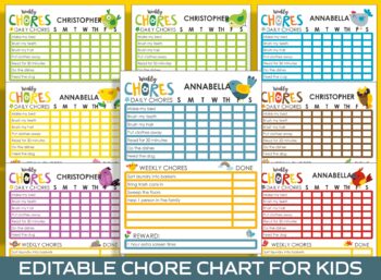 Preview of Chore Chart for Kids - Bird, Printable/Editable Chore Chart for Kids