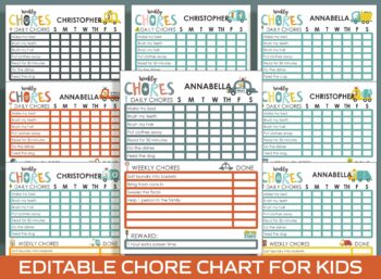 Preview of Chore Chart for Kids - Car / Vehicle, Printable/Editable Chore Chart for Kids
