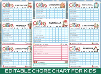 Preview of Chore Chart for Kids, Christmas/Winter, Printable/Editable Chore Chart for Kids