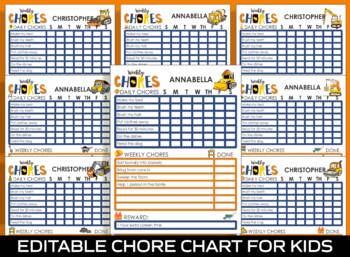 Preview of Chore Chart for Kids - Construction Vehicles, Printable/Editable Chore Charts