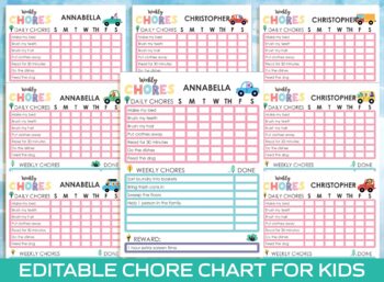 Preview of Chore Chart for Kids, Daily/Weekly Editable Chore Charts, To Do List, Routine