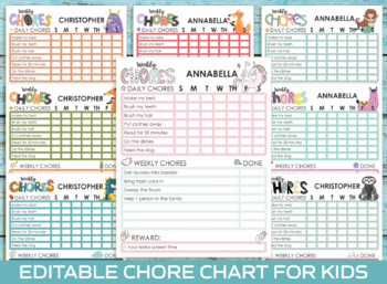 Preview of Chore Chart for Kids - Editable/Printable Chore Chart for Kids, Boys & Girls