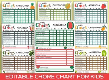 Preview of Chore Chart for Kids, Fruits/Watermelon Printable/Editable Chore Chart for Kids
