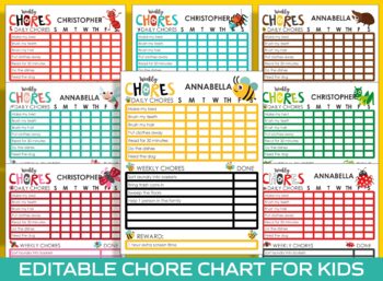Preview of Chore Chart for Kids - Insect, Bee, Printable/Editable Chore Chart for Kids