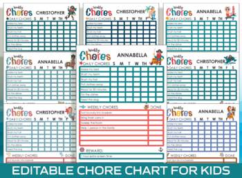 Preview of Chore Chart for Kids, Marine Life, Sea, Printable/Editable Chore Chart for Kids