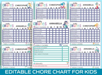 Preview of Chore Chart for Kids - Mermaid, Printable/Editable Chore Chart for Kids, Girls