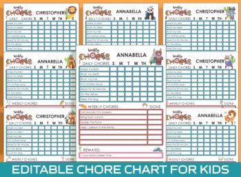 Preview of Chore Chart for Kids, Tribal Animal, Printable/Editable Chore Chart for Kids