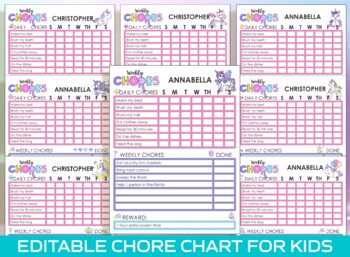 Preview of Chore Chart for Kids - Unicorn, Printable/Editable Chore Chart for Kids, Girls