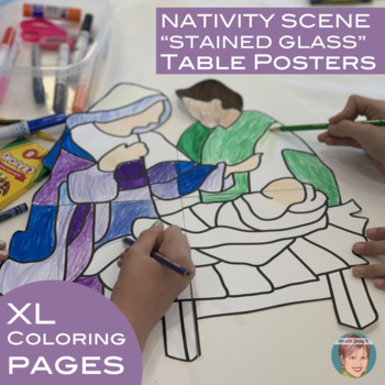 Preview of Christian Christmas Nativity Scene "Stained Glass" Extra Large Coloring Sheets