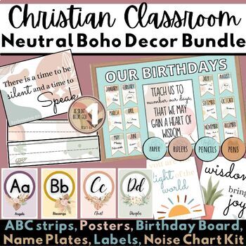 Preview of Christian Classroom Decor Bundle - Neutral Boho Bible Verse Set (6 pieces)