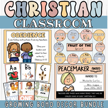 Preview of Christian Classroom Decor Bundle in Boho Colors - A Growing Biblical Collection