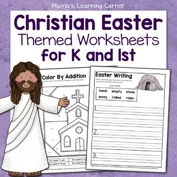 Preview of Christian Easter Math and Literacy Worksheets for Kindergarten and First Grade