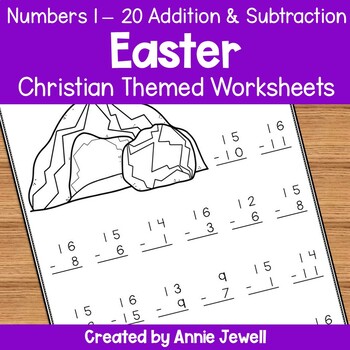 Preview of Christian Theme Easter Addition and Subtraction Worksheets Numbers 1 - 20