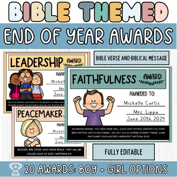Preview of End of Year Awards Christian + Character Trait Bible Verse - Fully Editable