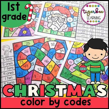 Preview of Christmas math color by codes | First grade math worksheets