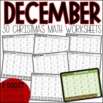 Preview of Christmas 2 Digit Addition & Subtraction Worksheets | December Math Facts to 100