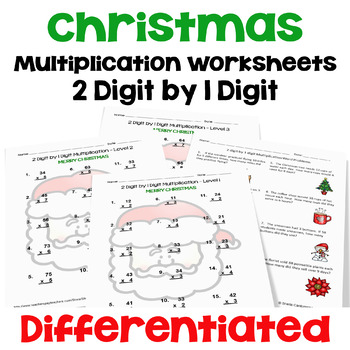 Christmas 2 digit by 1 digit Multiplication Worksheets - Differentiated