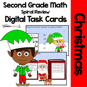 Preview of Christmas 2nd Grade Digital Task Cards Boom Cards™ | Math Spiral Review
