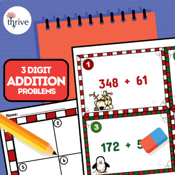 Preview of Christmas 3 DIGIT ADDITION Task Cards - Math Scoot Activity - NO PREP!