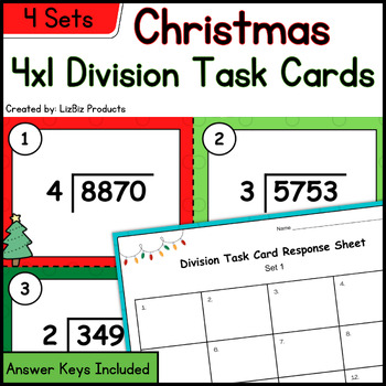 Preview of Christmas 4 Digit by 1 Digit Division Task Cards