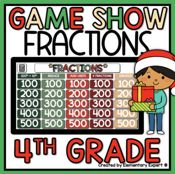 Preview of Christmas 4th Grade Math Jeopardy Game 4.NF.2, 4.NF.3, 4.NF.4, 4.NF.5 FRACTIONS